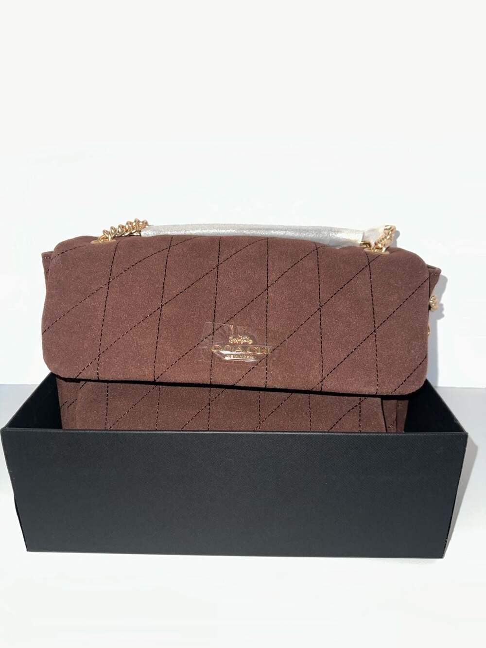 Coach Quilted Suede Shoulder Flap Handbag Brown